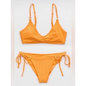 NWT Aerie FULL SET Beach Babe Shine Rib Voop Top + Tie Bottoms Orange - Size L